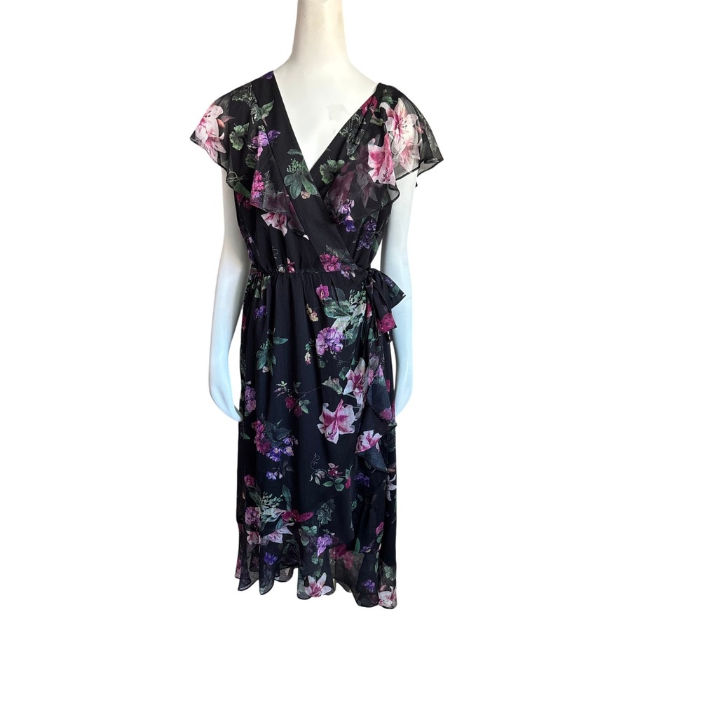 Floral Chiffon Ruffle Wrap Midi Dress Black Pink Purple Flutter Sleeve XL